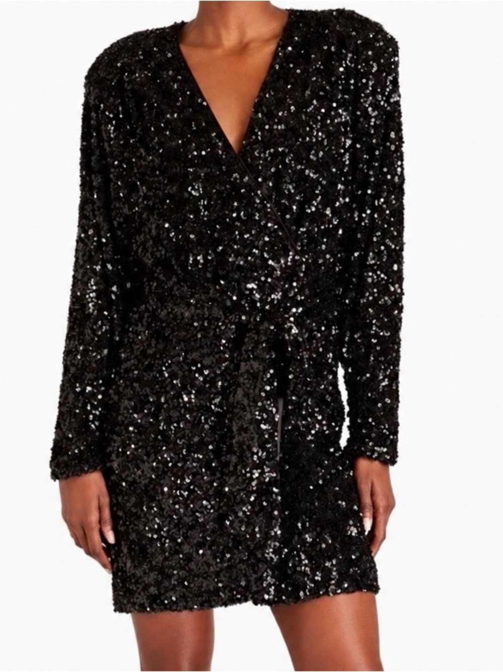 ROTATE Birger Christensen Black Sequin Wrap Mini Dress Size 12 NWOT